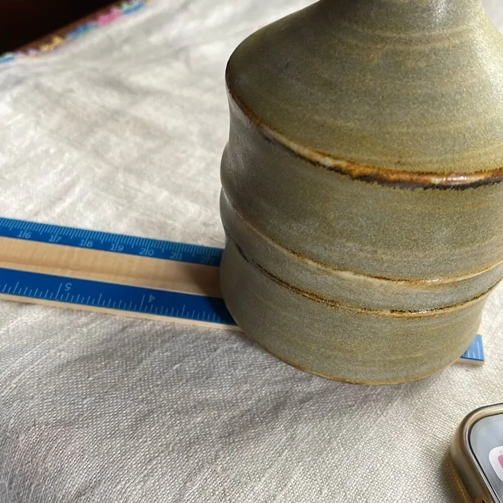 Vintage OMC Midcentury vase green and tan bamboo ceramic.